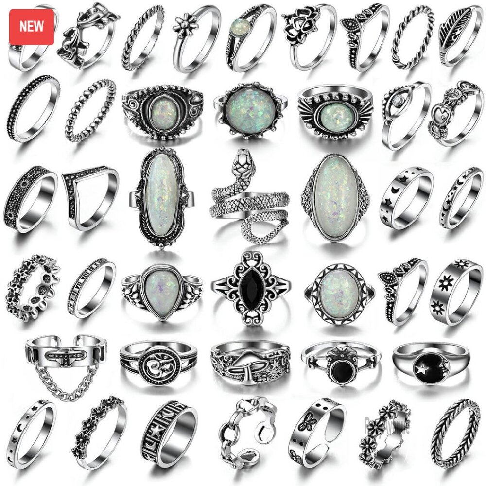 42-Piece Adjustable Silver Ring Set Stackable Vin… - image 1